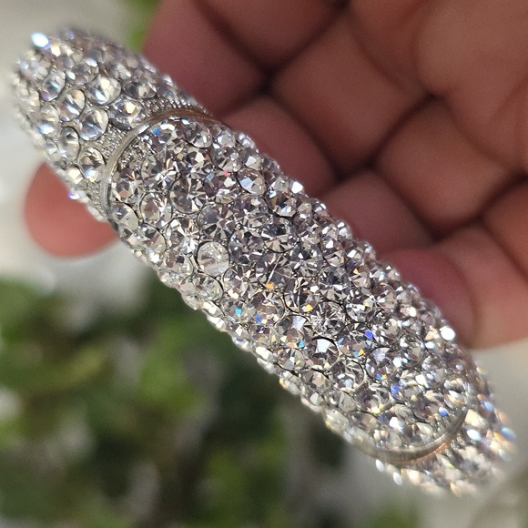 Vintage Sulver Pave-Set Rhinestone Square Stretch Bangle Bracelet - Picture 8 of 11